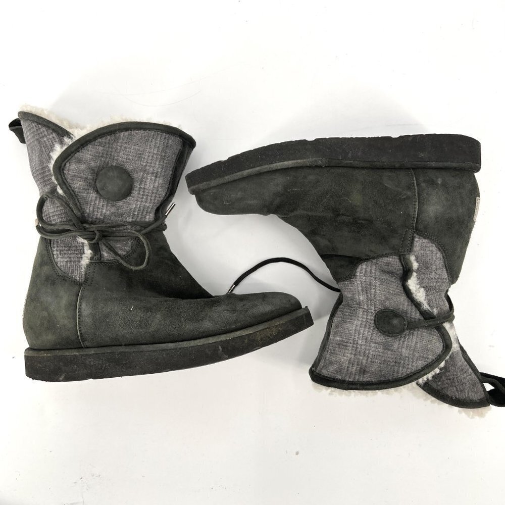 UGG Byanca Gray Suede Leather Sherpa Plaid Foldover‎ Button Boots Size 6 - Picture 3 of 10